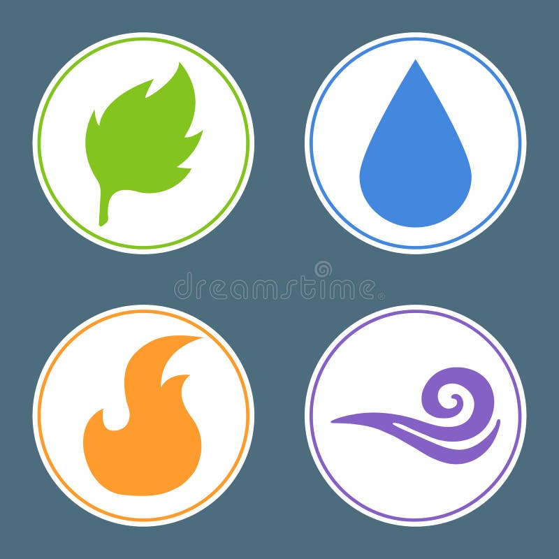  Cuatro Elementos Fuego, Agua, Tierra, Aire.  Pegatinas de elementos de la naturaleza.  Ilustración vectorial para su diseño.  Vector de stock
