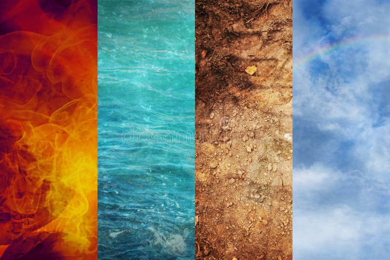 Four Elements of Nature, collage of abstract backgrounds in stripes from Fire, Water, Earth, and Air, ecology concept