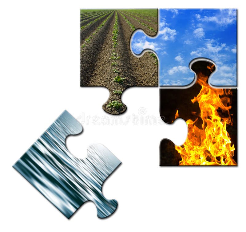 Four elements - Earth - Sky - Water - Fire - in a puzzle - water apart. Four elements - Earth - Sky - Water - Fire - in a puzzle - water apart