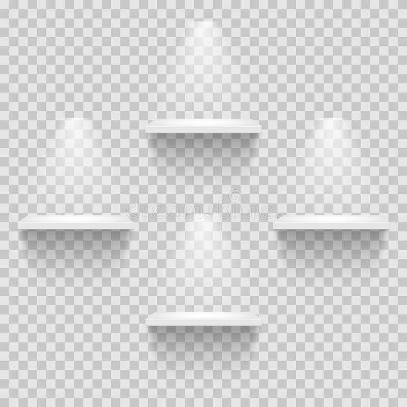 Four empty white shelves isolated on transparent background. Vector design template. stock illustration Four empty white shelves isolated on transparent background. Vector design template. stock illustration