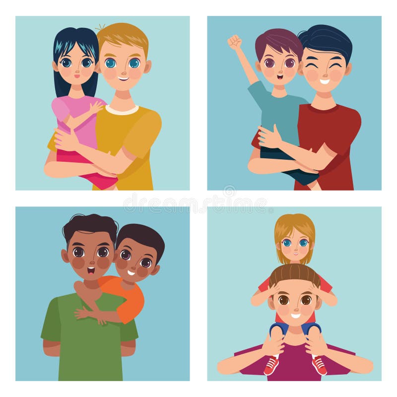 Four fathers and kids vector illustration