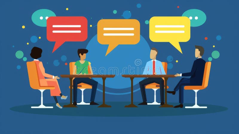 Animated Discussion Four Figures Engage in Lively Table Talk. Four figures sit around a table, engaging in conversation. Three speech bubbles above them suggest an animated discussion, with abstract shapes floating around. AI Generated.
