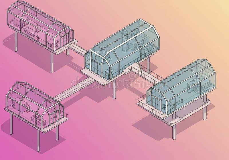 Four futuristic, interconnected glass structures are depicted in an stock illustration