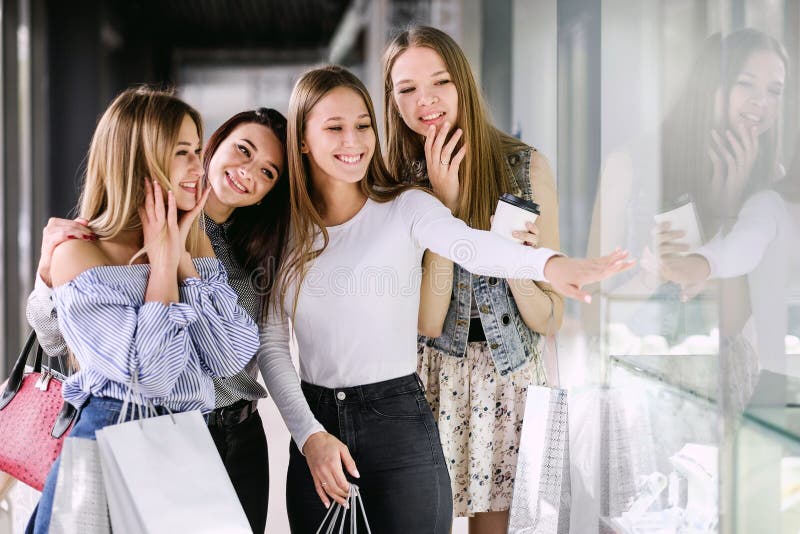 Four Girls Shopping at the Mall Stock Photo - Image of consumer ...