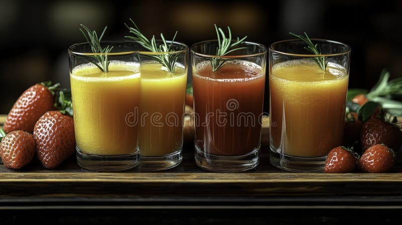 Four glasses of colorful juices, strawberries, wooden tray, dark background. stock illustration