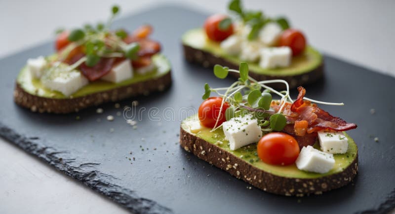 Four gourmet avocado toasts with assorted toppings on a black slate board royalty free stock images