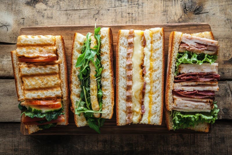 Four Gourmet Sandwiches on a Wooden Cutting Board stock illustration