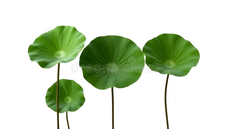 Four green lotus leaves (Nelumbo nucifera) with long stems, displayed horizontally vector illustration