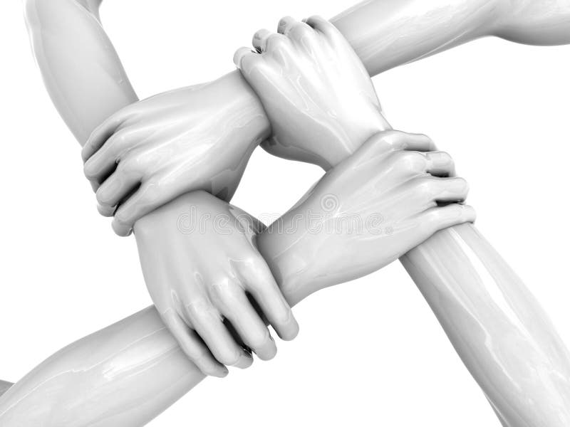 Premium Vector  Four hands hold each other by wrist join hands together  teamwork and friendship concept vector