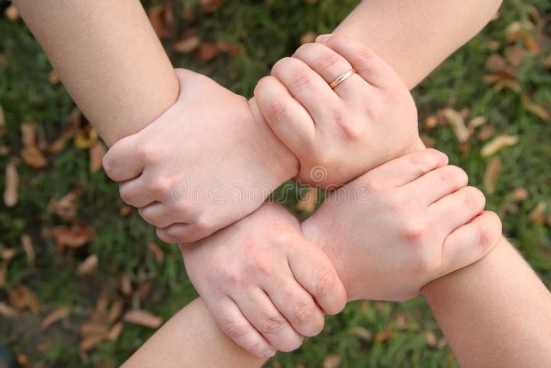 Each of the four hands is clasped around the friends wrist. One hand grips  the other, and so on. Young girls hands. Stock Photo by ©info.fotodrobik.pl  424891214