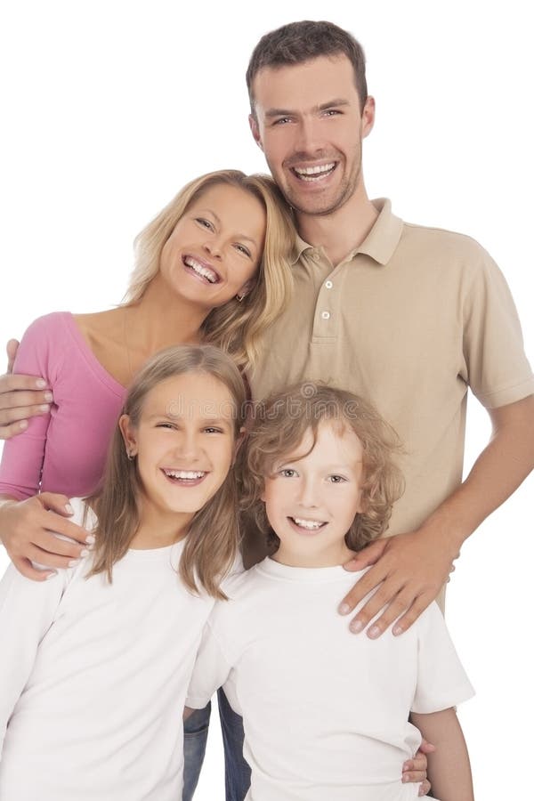 four happy caucasian family members standing together and smiling