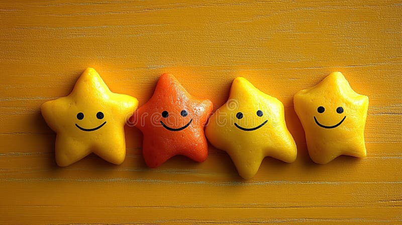 Four happy stars in a row on a bright surface royalty free illustration