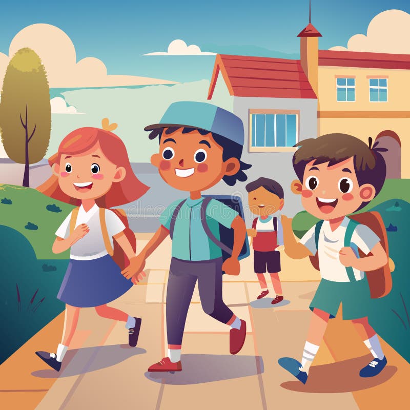 Four kids in school uniforms walking together outside a school buildin stock illustration