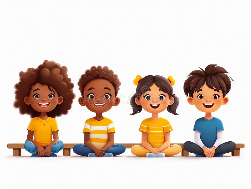 Four kids sitting on a bench vector illustration
