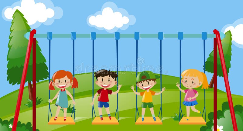 Four kids on swings in the park