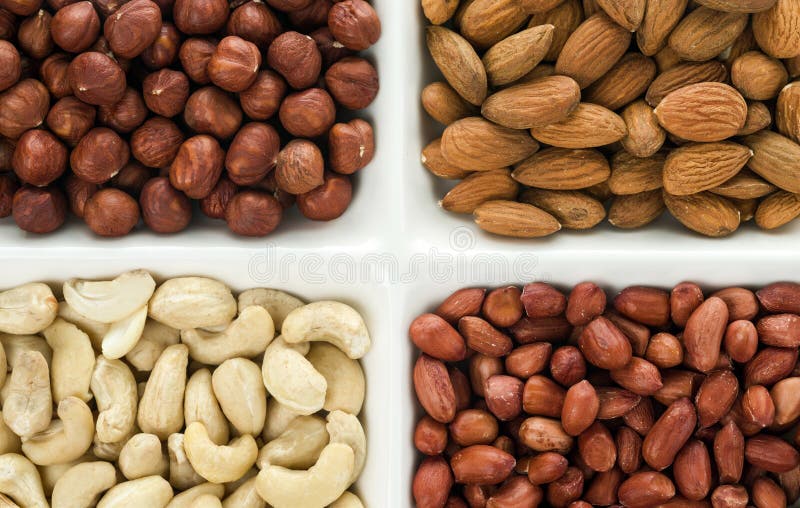 Four kinds of nuts in four compartments: cashews, peanuts, hazelnuts, and almonds stock photo