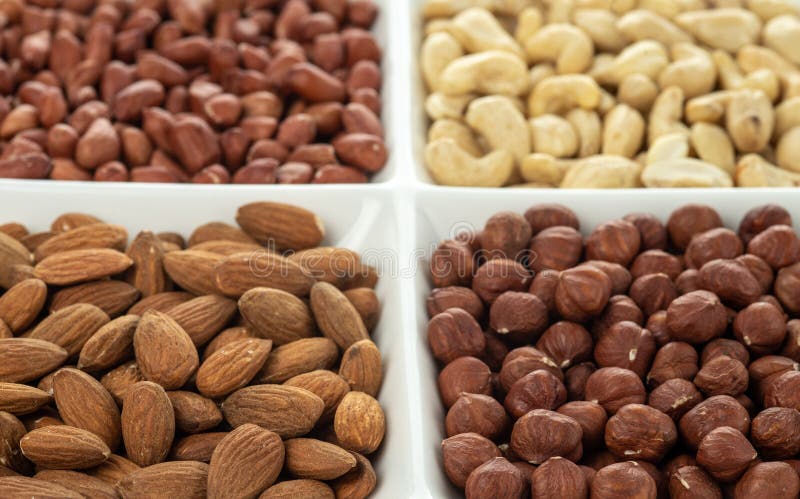 Four kinds of nuts in four compartments of combination plate: cashews, peanuts, hazelnuts, and almonds. stock images