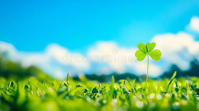 A four leaf clover in the middle of a field of green grass stock photos