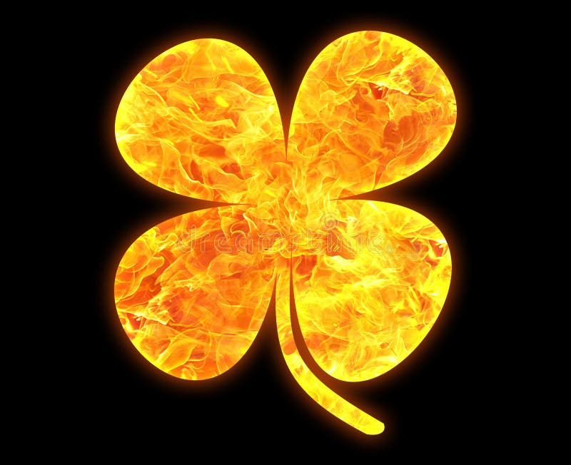 Four-leaved clover outline with a bright fire pattern isolated on a black background vector illustration