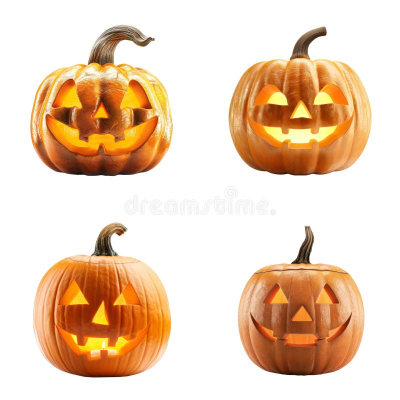 Four Lit Jacko Lantern Pumpkins with