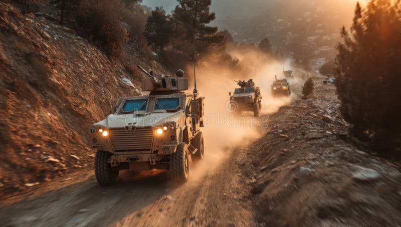 Military vehicles driving on a rugged dirt road, kicking up dust in a dynamic scene, showcasing strength and resilience in stock illustration