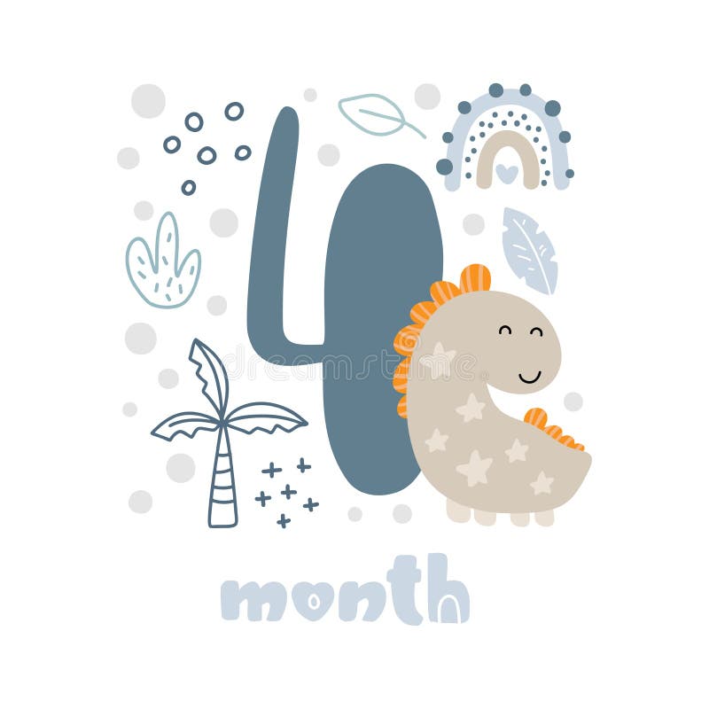 4 four months Baby boy anniversary card metrics. Baby shower print with cute animal dino, flowers and palm capturing all