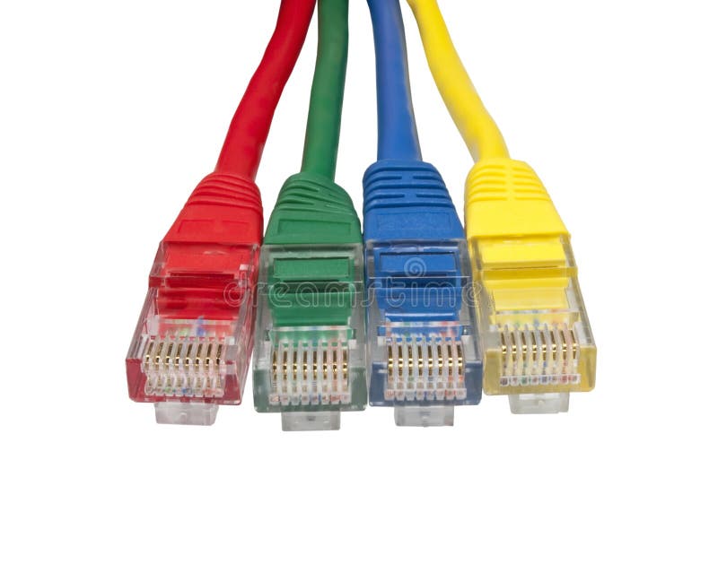 Closeup on a set of four brightly multi coloured ethernet network plugs with cables isolated on white background. Set of colored network cables. Closeup on a set of four brightly multi coloured ethernet network plugs with cables isolated on white background. Set of colored network cables