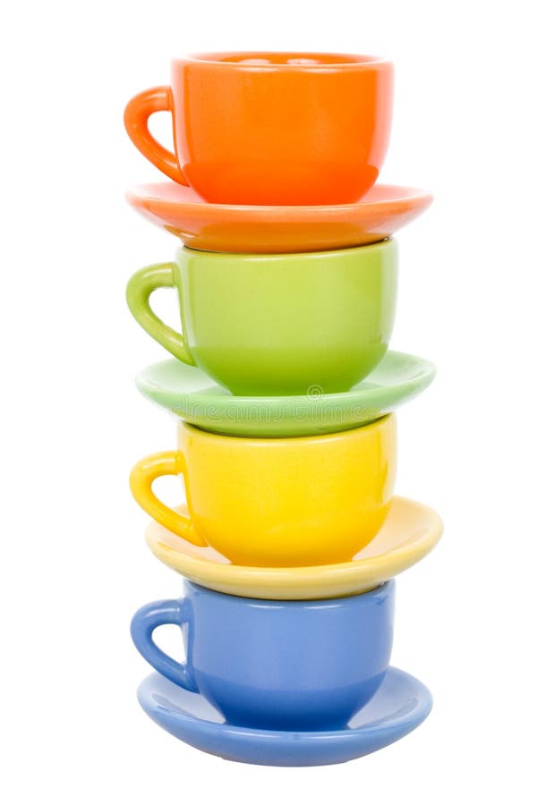 Four multicolored cups, isolated on white