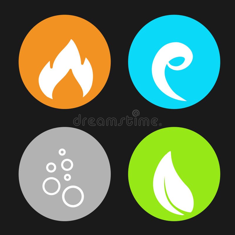 Four natural elements - fire, air, water, earth - nature circular symbols with flame, bubble air, wave water and leaf