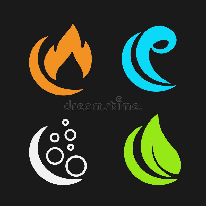 Four natural elements - fire, air, water, earth - nature symbols with flame, bubble air, wave water and leaf