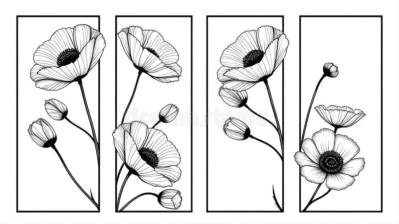 Four panels featuring intricately drawn poppies, emphasizing the simplicity and elegance of black and white design. stock illustration