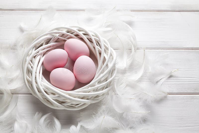 Four pink Easter eggs in the white nest and feathers