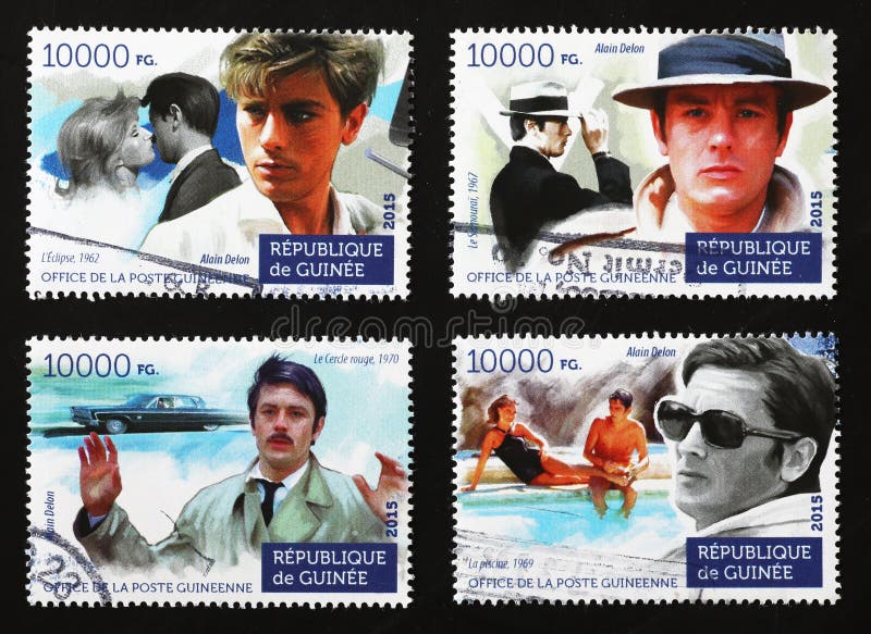 Four portraits of french actor Alain Delon on postage stamps from Guinea. Four portraits of french actor Alain Delon on postage stamps from Guinea.