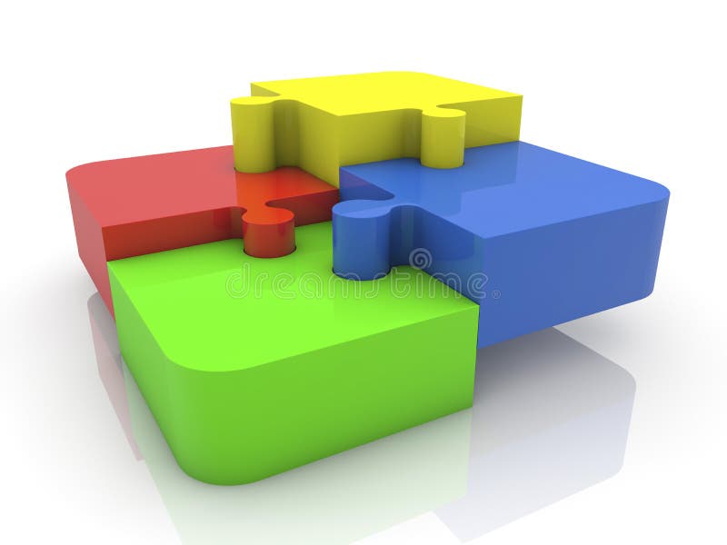 Four puzzle pieces in various colors on white royalty free stock photos