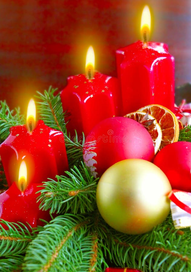 Four red Advent candles. stock image. Image of cinnamon - 27222867