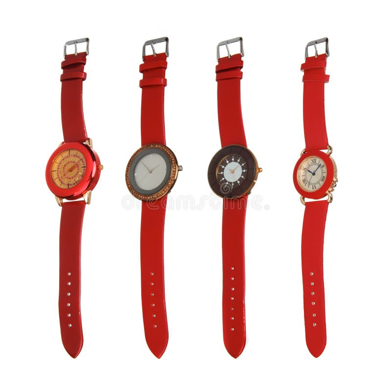 Four red different style watches
