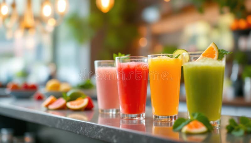 Four Refreshing Fruit Smoothies Lined Up On A Counter stock illustration