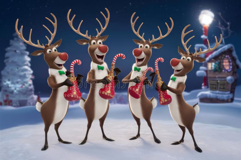 Four reindeer are playing instruments and singing a Christmas song. They are all smiling and seem to be having fun AI generated