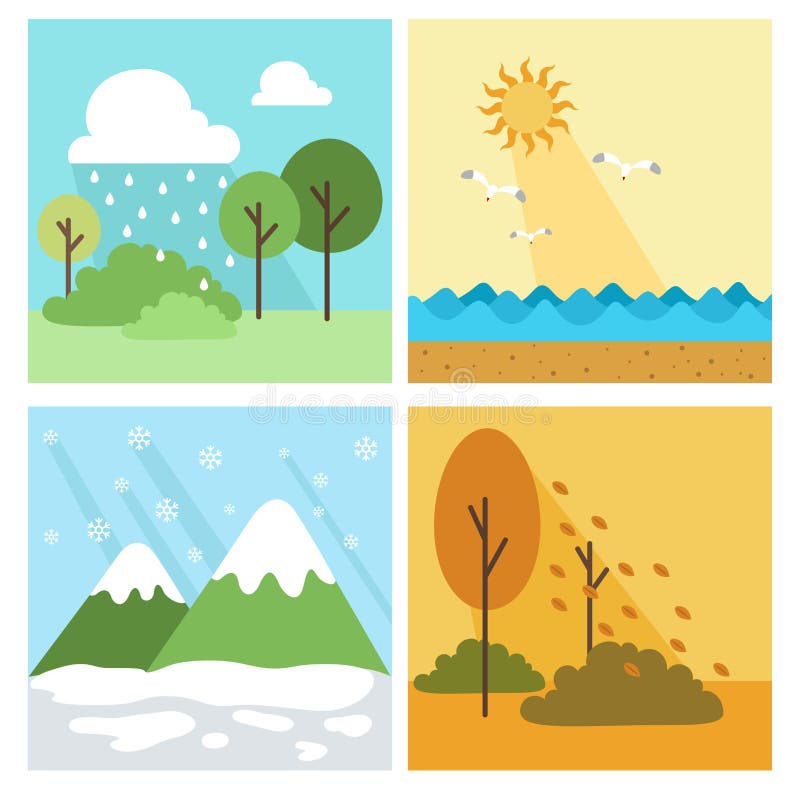 Four Season Landscape. Spring Autumn Summer Winter Weather Nature Scenery  Vector Cartoon Background Stock Vector - Illustration of natural, cloud:  137466966