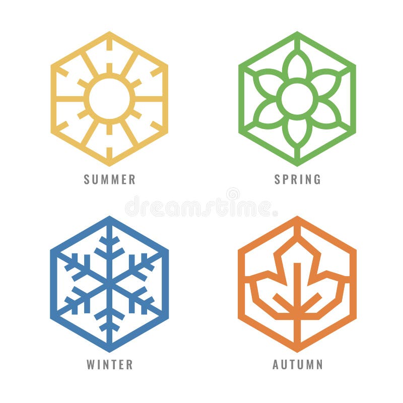 Four season Hexagon icon with sun sign for summer flower sign for spring snow sign for winter and Maple leaf for autumn vector de