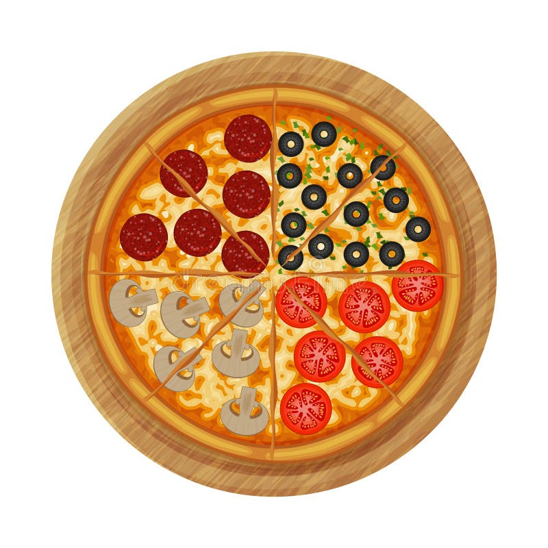Four seasons pizza with pepperoni, olives, mushrooms, tomato on wood board. royalty free illustration Four seasons pizza with pepperoni, olives, mushrooms, tomato on wood board. royalty free illustration