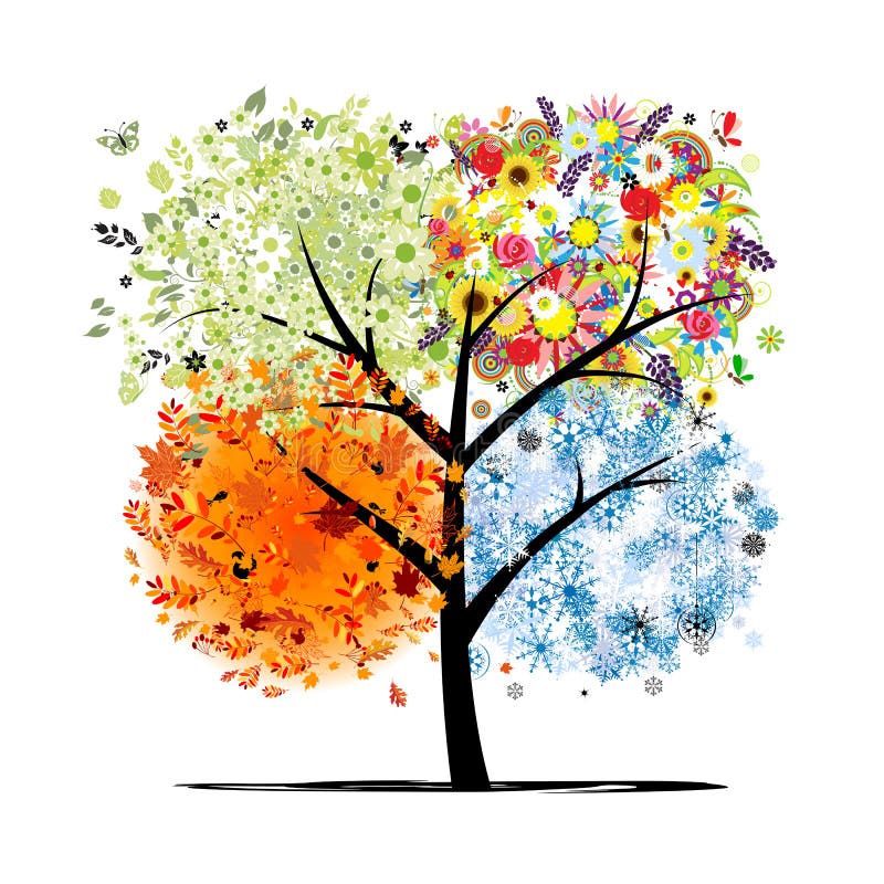 Four seasons - spring, summer, autumn, winter. Art stock illustration