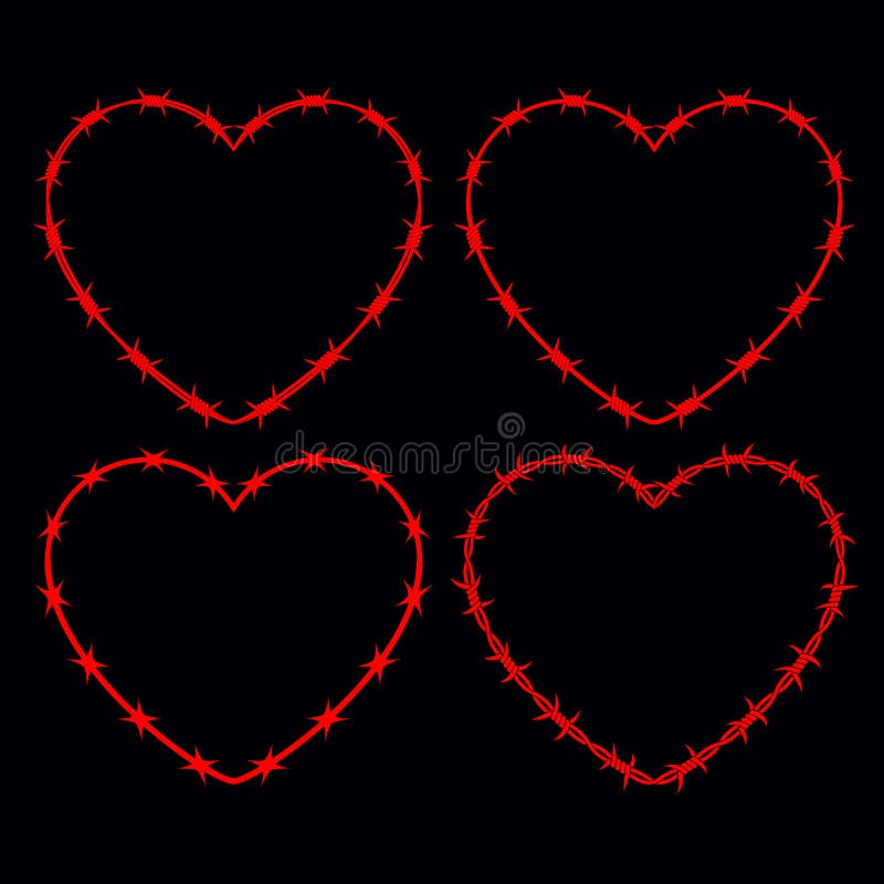 Four Shapes of Heart. Vector Silhouette of Barbed Wire