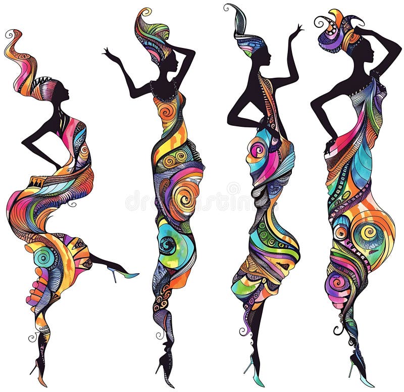 Four silhouetted female figures adorned with vibrant, swirling patterns in bold vector illustration