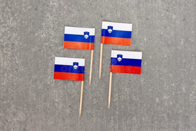 Four Small Slovenia Flags on Toothpicks Over Grey Surface stock images