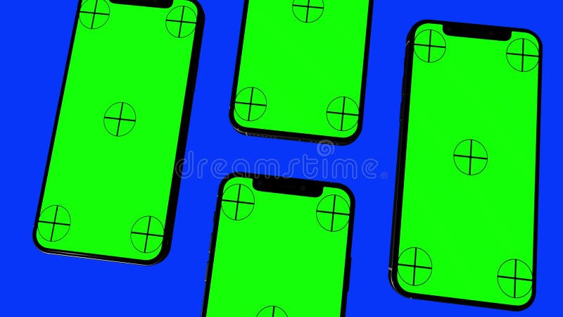 Four smartphones with green screen on blue background with zoom effect. Easy customizable green screen. Computer