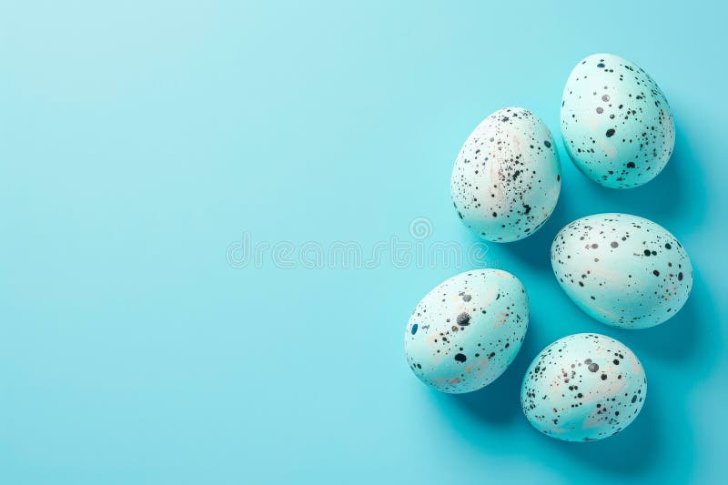 Four speckled eggs arranged on a blue background, with a focus on the delicate patterns and colors of the eggs stock image