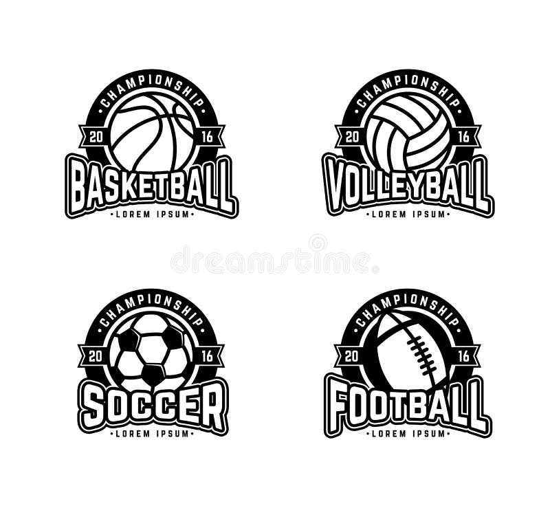 Set of sports logos soccer, american football, volleyball, basketball. Vector abstract isolated illustration. Black and White. Set of sports logos soccer, american football, volleyball, basketball. Vector abstract isolated illustration. Black and White.