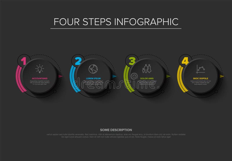 Four Steps Circular Infographic Design Template on black background vector illustration
