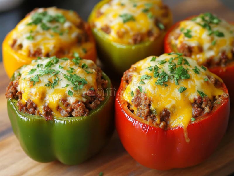 Four Stuffed Bell Peppers with Ground Beef, Cheese, and Parsley Stock